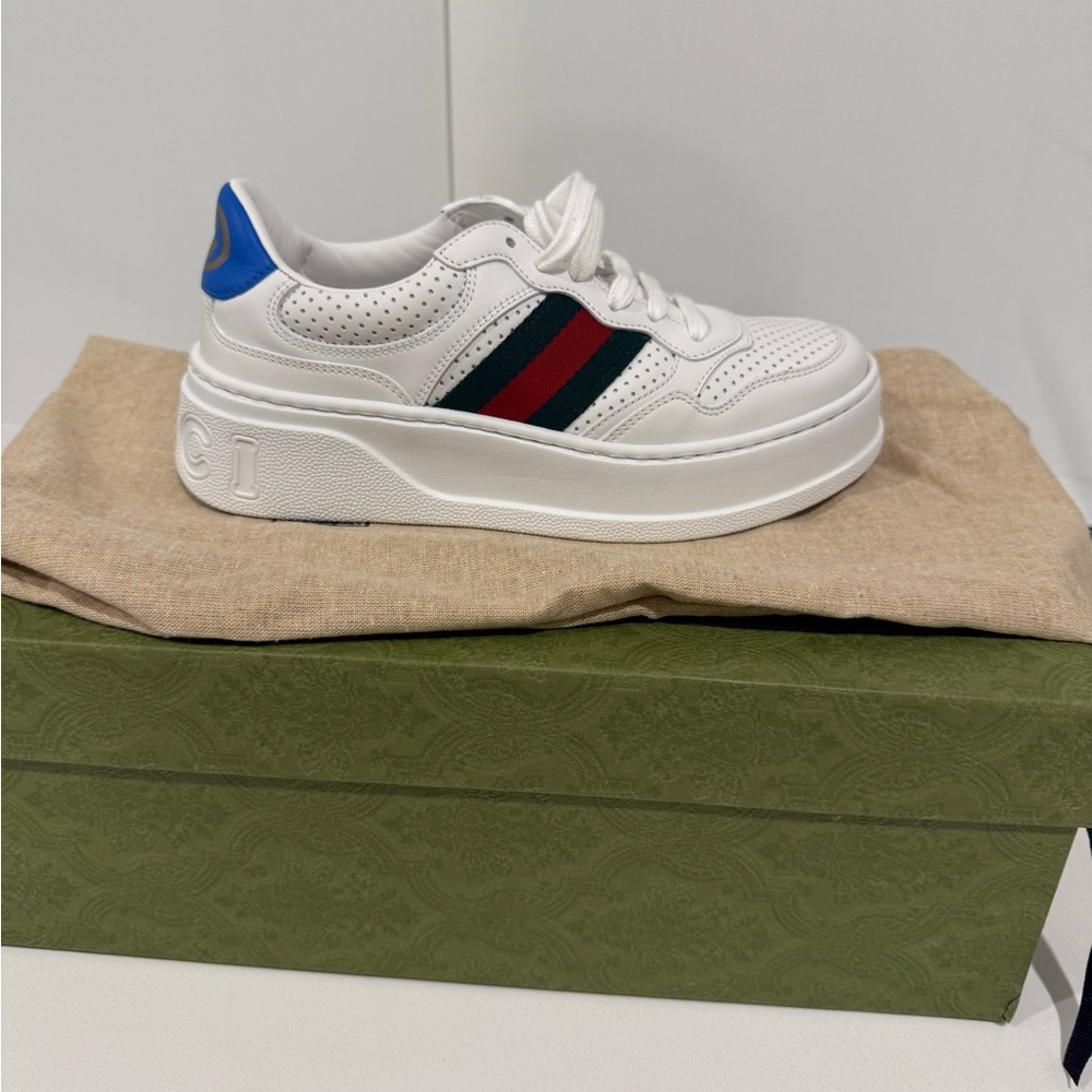Gucci GG Web Perforated GG Platform White and Blue Sneakers